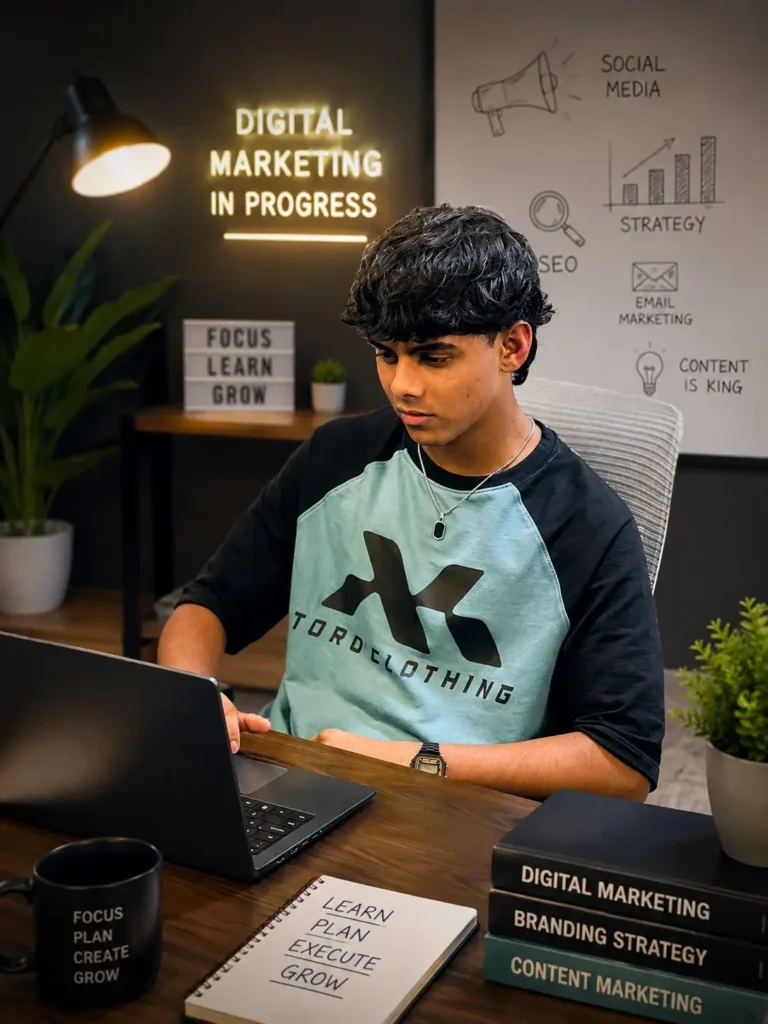 A professional freelance digital marketer from Malappuram sitting confidently at a workspace and working on a laptop, representing the best freelance digital marketer in Malappuram providing creative and effective digital marketing services for businesses.